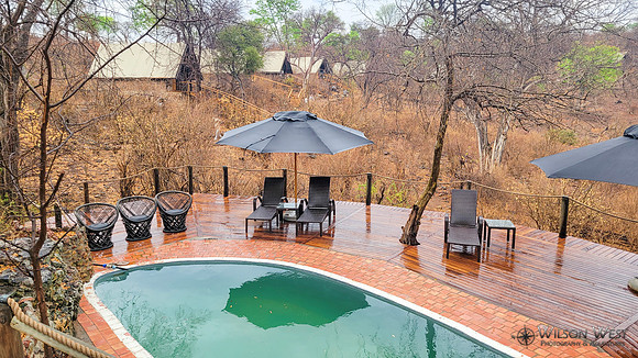 Pool at our lodge, cabins behind